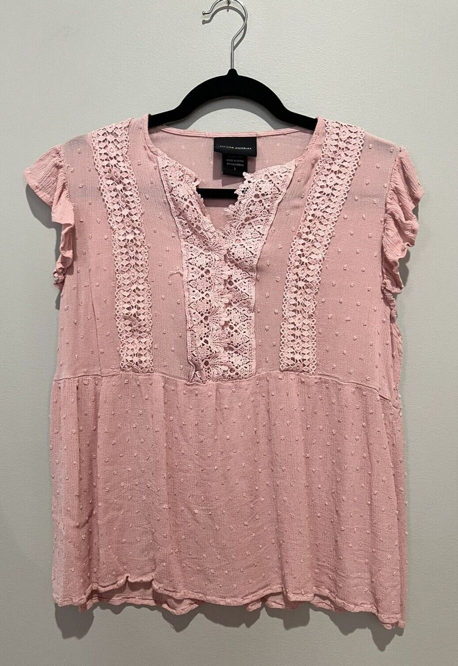 Liv Los Angeles Pink Peplum Swiss Dot Short Sleeve Blouse - Large
